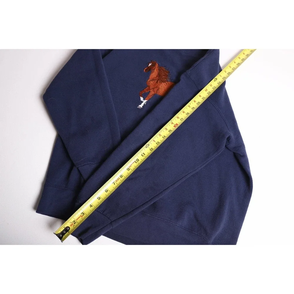 Vintage Navy Blue Horse Embroidery Crewneck Sweatshirt Equestrian Pullover